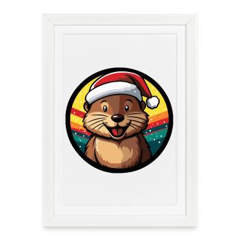 Loutre d’hiver au chapeau du Père Noël - Affiche encadrée (27 × 37 cm) - blanc - Devant