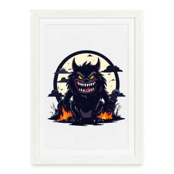 Monstre Loup-Garou de Nuit Clair de Lune avec Flammes de Feu - Affiche encadrée (27 × 37 cm) - blanc - Devant