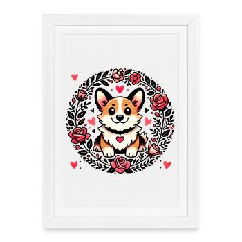 Cercle de cœurs floraux de corgi - Affiche encadrée (27 × 37 cm) - blanc - Devant