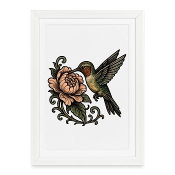 Hummingbird with Rose Vintage Tattoo - Framed poster (27 × 37 cm) - white - Front