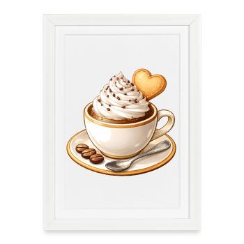 Café avec crème et illustration de biscuits au cœur - Affiche encadrée (27 × 37 cm) - blanc - Devant