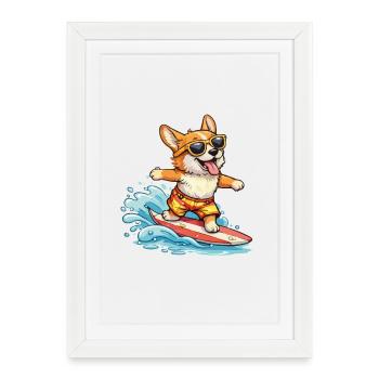 Lunettes d’été Corgi Surf - Affiche encadrée (27 × 37 cm) - blanc - Devant