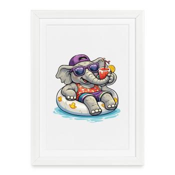 Éléphant de plage avec boisson - Affiche encadrée (27 × 37 cm) - blanc - Devant
