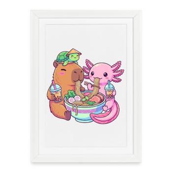 Kawaii Ramen Boba Friends Capybara Axolotl Turtle - Framed poster (27 × 37 cm) - white - Front