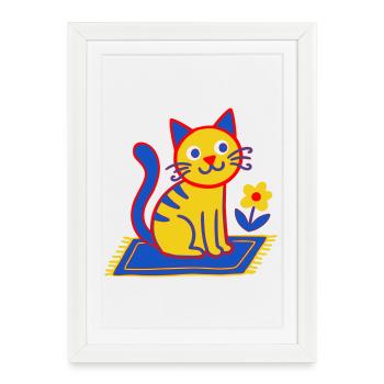 Colorful cat on carpet in a flower meadow - Framed poster (27 × 37 cm) - white - Front