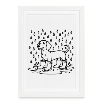 Teckel sous la pluie Bottes Wellington drôles - Affiche encadrée (27 × 37 cm) - blanc - Devant