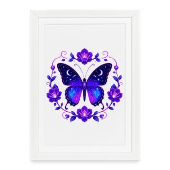 Papillon Étoile de la Nuit dans le Cercle de Fleurs - Affiche encadrée (27 × 37 cm) - blanc - Devant