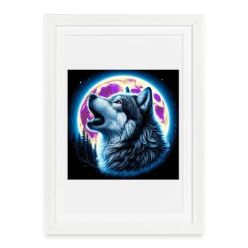 Le loup hurle à la pleine lune - Affiche encadrée (27 × 37 cm) - blanc - Devant