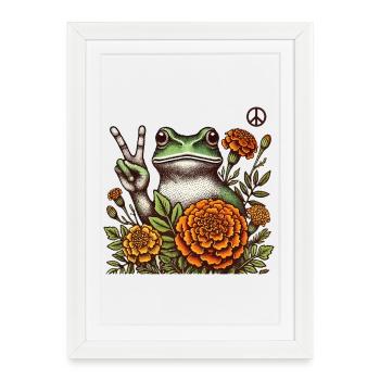Grenouille paisible dans la fleur de souci - Affiche encadrée (27 × 37 cm) - blanc - Devant