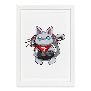 Chat avec un casque - jouer au chat - chat de gamer - Affiche encadrée (27 × 37 cm) - blanc - Devant