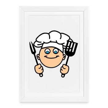 Cuisinier du BBQ avec ustensiles de cuisine et chapeau de chef - Affiche encadrée (27 × 37 cm) - blanc - Devant