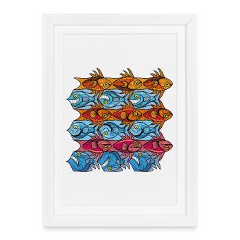 Tesselation poissons à la Escher en bleu rouge - Affiche encadrée (27 × 37 cm) - blanc - Devant