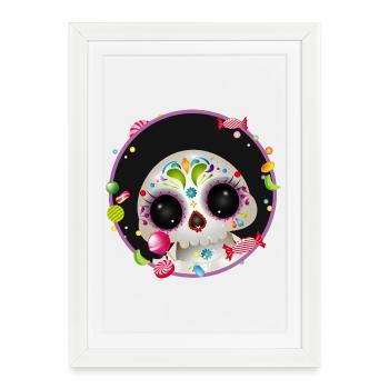 Crâne de sucre mignon dans le cadre de bonbons - Affiche encadrée (27 × 37 cm) - blanc - Devant