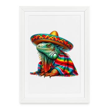 Iguane mexicain avec poncho et sombrero Mexique - Affiche encadrée (27 × 37 cm) - blanc - Devant