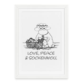 love peace & sockenwoll - Hippie-Schaf - Gerahmtes Poster (27 × 37 cm) - Weiß - Vorne