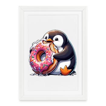 Cute penguin donut lover cartoon eating - Framed poster (27 × 37 cm) - white - Front