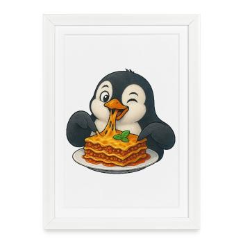 pingouin mignon avec lasagne dessin animé joie comique - Affiche encadrée (27 × 37 cm) - blanc - Devant