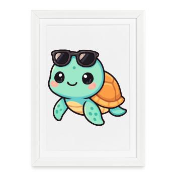 Cute turtle cartoon with sunglasses - Framed poster (27 × 37 cm) - white - Front