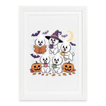 chiens lecture livre Halloween amateurs de café - Affiche encadrée (27 × 37 cm) - blanc - Devant