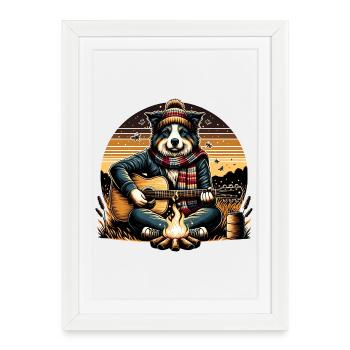 Border Collie Feu de camp Guitare Camper Musique - Affiche encadrée (27 × 37 cm) - blanc - Devant