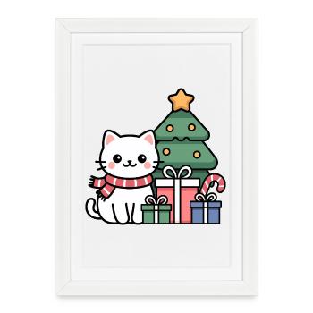 Chat de Noël Kawaii avec des cadeaux - Affiche encadrée (27 × 37 cm) - blanc - Devant