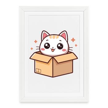 Chat kawaii dans une boîte - Affiche encadrée (27 × 37 cm) - blanc - Devant