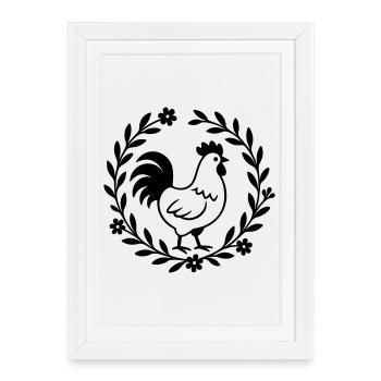 Coq dans une couronne de fleurs – motif de maison de campagne - Affiche encadrée (27 × 37 cm) - blanc - Devant