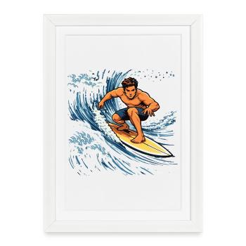 Illustration de surfeur sur une vague puissante - Affiche encadrée (27 × 37 cm) - blanc - Devant