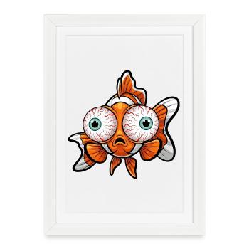 Dessin animé de petit poisson rouge mignon, grands yeux fatigués - Affiche encadrée (27 × 37 cm) - blanc - Devant