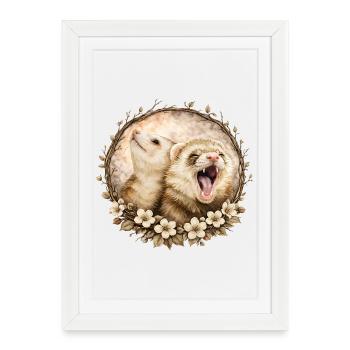 Furets dans le cercle des fleurs - Affiche encadrée (27 × 37 cm) - blanc - Devant