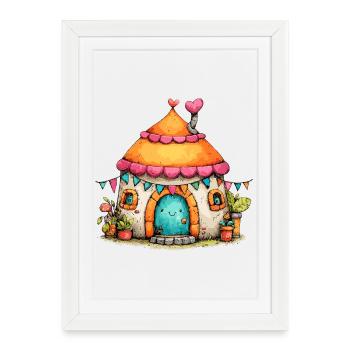 Maison des champignons avec guirlandes - Affiche encadrée (27 × 37 cm) - blanc - Devant