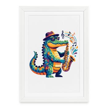 Motif Jazz Saxophone Crocodile Musicien Crocodile Enfants - Affiche encadrée (27 × 37 cm) - blanc - Devant
