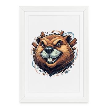 Castor Joyeux avec des accents en bois - Affiche encadrée (27 × 37 cm) - blanc - Devant