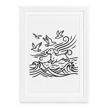 Dachshund on the beach Seagulls Waves Sea Moin - Framed poster (27 × 37 cm) - white - Front