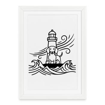 Mer du phare de tempête du teckel - Affiche encadrée (27 × 37 cm) - blanc - Devant
