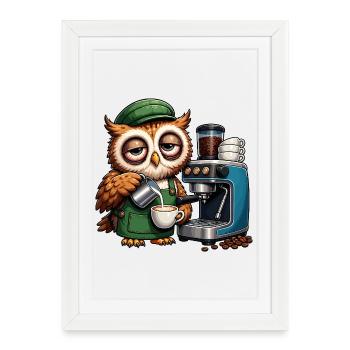 Barista hibou d’art du café - Affiche encadrée (27 × 37 cm) - blanc - Devant