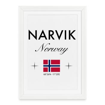 Narvik Norvège Coordonnées Souvenir de voyage - Affiche encadrée (27 × 37 cm) - blanc - Devant