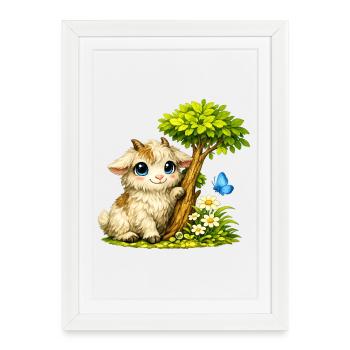 Chèvre câline avec papillon - Affiche encadrée (27 × 37 cm) - blanc - Devant
