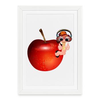 petit ver de terre comme hip hopper dans une pomme rouge - Affiche encadrée (27 × 37 cm) - blanc - Devant