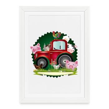 Drôles d’animaux de ferme avec tracteur rouge - Affiche encadrée (27 × 37 cm) - blanc - Devant