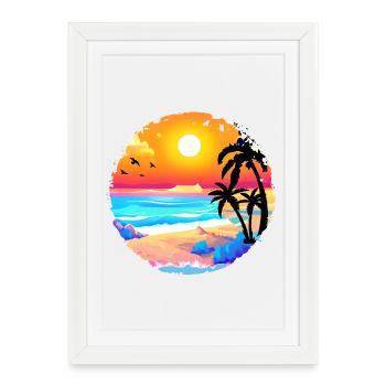 Aquarelle de plage de coucher de soleil d’été - Affiche encadrée (27 × 37 cm) - blanc - Devant