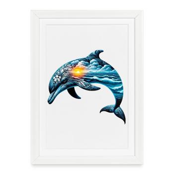 Decorated dolphin painted with a seascape - Framed poster (27 × 37 cm) - white - Front
