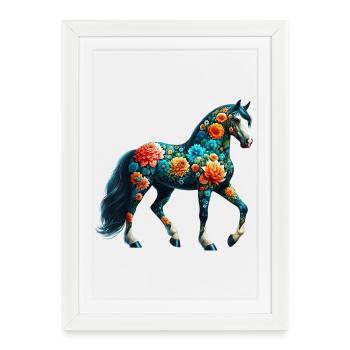 Cheval décoré de fleurs - Affiche encadrée (27 × 37 cm) - blanc - Devant