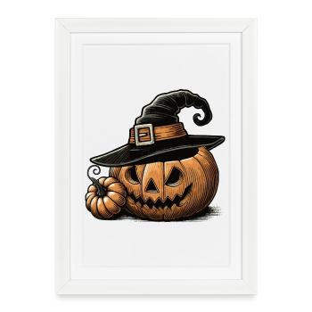 Citrouille d’Halloween avec chapeau de sorcière : l’horreur parfaite - Affiche encadrée (27 × 37 cm) - blanc - Devant