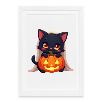 Chat d’Halloween avec citrouille d’Halloween - Affiche encadrée (27 × 37 cm) - blanc - Devant
