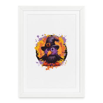 Corbeau en chapeau de sorcière Halloween - Affiche encadrée (27 × 37 cm) - blanc - Devant