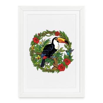 Toukan tropical dans le cercle des fleurs - Affiche encadrée (27 × 37 cm) - blanc - Devant