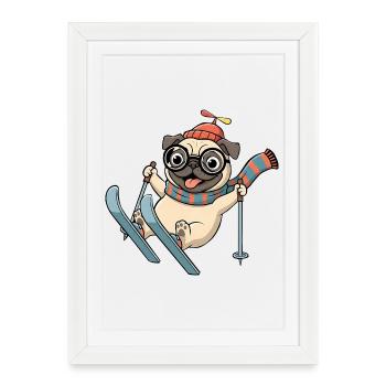 Funny pug skiing with scarf and hat - Framed poster (27 × 37 cm) - white - Front