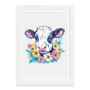 Vache avec couronne de fleurs aux couleurs vives - Affiche encadrée (27 × 37 cm) - blanc - Devant