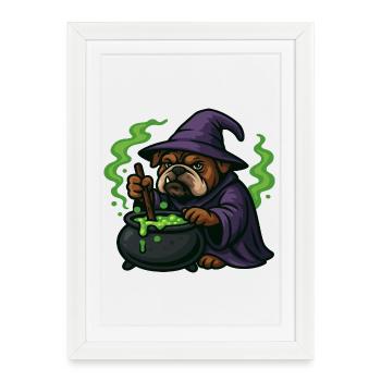 Bulldog Wizard Stirring Green Magic Cauldron - Framed poster (27 × 37 cm) - white - Front